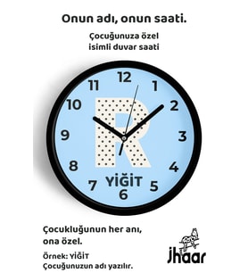 İsme Özel R Harfi Çocuk Odası Duvar Saati Orta Boy 30 cm Siyah Camlı Sessiz