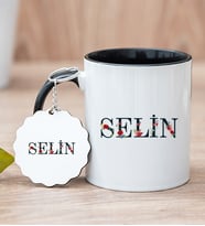 Kişiye Özel Çiçek Harf Tasarım İsim Yazılı Siyah Kupa Bardak ve Anahtarlık