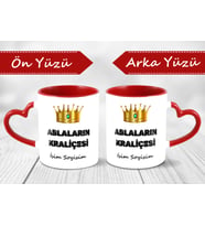 Ablaya Hediye - Ablaların Kraliçesi Yazılı - Kişiye Özel Kupa - Kırmızı Kalp Kulplu (Beyaz - Kırmızı)