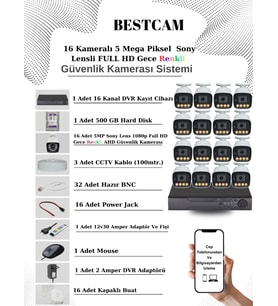 BESTCAM 16 Kameralı Set 5 Mega Piksel Sony Lensli FULL HD Gece Görüşü Renkli Güvenlik Kamera Seti 500 GB HDD