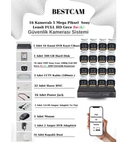 BESTCAM 16 Kameralı Set 5 Mega Piksel Sony Lensli FULL HD Gece Görüşü Renkli Güvenlik Kamera Seti 500 GB HDD