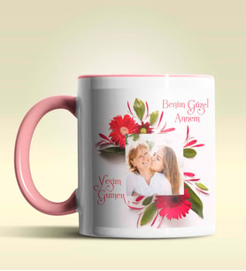 Kişiye Özel Çiçek Çerçeveli Fotoğraf 2 Temalı Pembe Kupa Bardak (Pembe)