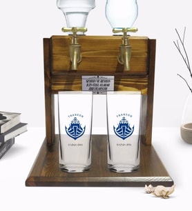 BK Gift Kişiye Özel Renkli Baskılı Trabzon Tasarımlı Turistik İkili Rakı Bardağı ve Çift Musluklu Doğal Ahşap Rakı Standı-1 (Model 1)