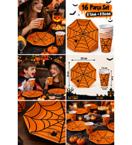 Halloween Turuncu Örümcek Ağı Desenli Karton Bardak Tabak 16'lı Cadılar Bayramı Parti Seti