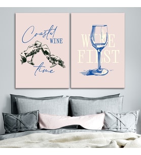 2'li Mutfak Bar Kanvas Tablo Seti - Retro Şarap Temalı Pembe Duvar Dekoru - Coastal Wine Time 2 Parça Tablo