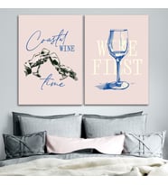 2'li Mutfak Bar Kanvas Tablo Seti - Retro Şarap Temalı Pembe Duvar Dekoru - Coastal Wine Time 2 Parça Tablo