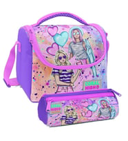 Coral High Pembe Mor Fashion Girl Desenli Kız Çocuk Isı Yalıtımlı Beslenme Çantası ve Kalemlik Seti