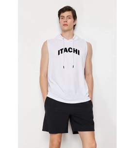 Unisex Kapşonlu Kolsuz Baskılı Oversize T-shirt - Beyaz