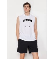 Unisex Kapşonlu Kolsuz Baskılı Oversize T-shirt - Beyaz