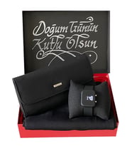 Hediye Seti Kadın Siyah Led Kol Saati-Cüzdan-Penye Şal
