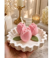 Mumelia Mini Laleler - Doğal Soya Dekoratif Taştozu Tabak Mum - Pembe