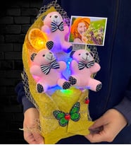 Renkli Led Işıklı Kişiye Özel Fotoğraflı Pembe Ayıcıklı Peluş Ayıcık Buketi (Model 3)