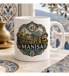 Manisa Temalı Hediyelik Kupa Bardak - 45 Plaka Şehzadeler Şehri Çini ve Selçuklu Motifli Özel Tasarım Kupa