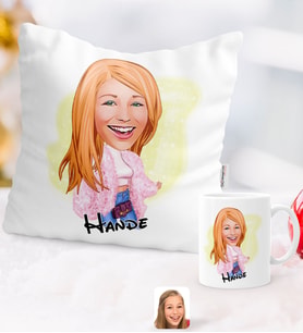 BK Gift Kişiye Özel Karikatürlü Moda İkonu Yastık Kupa Seti 1 (Model 1)