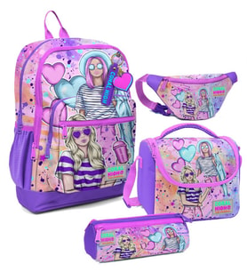 Coral High Kız Çocuk Pembe Mor Fashion Girl Desenli İlkokul Okul Çanta Seti ve Bel Çantası (Çok Renkli)