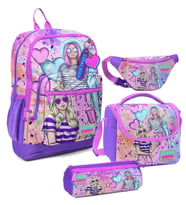Coral High Kız Çocuk Pembe Mor Fashion Girl Desenli İlkokul Okul Çanta Seti ve Bel Çantası (Çok Renkli)