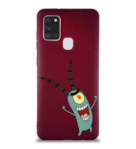 Samsung Galaxy A21S Soft Premier Kapak Plankton Tasarımlı Silikon Kılıf - Mürdüm (Şeffaf)