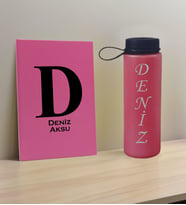 BK Gift Kişiye Özel İsimli Pembe Defter ve Fuşya Cam Matara Hediye Seti-5, Sevgiliye Hediye, Arkadaşa Hediye, Yeni İş Hediyesi