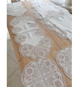 Salon Takımı Çeyizlik Krem Runner Set 5 Parça Keten Ranır Masa Sehpa Konsol Örtüsü Defne