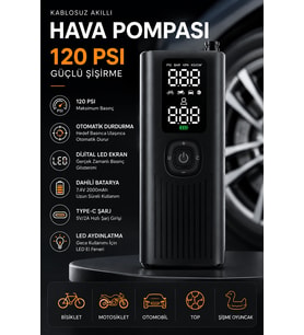 Kablosuz Akıllı Hava Pompası 120 PSI Dijital Göstergeli Type-C Şarjlı Lastik Şişirme Kompresörü Otomatik Basınç Ayarlı LED Işıklı