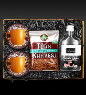 İkili Turuncu Desenli Türk Kahvesi Fincanı & Apollon Çikolata Rüyası Kolonyası & Kahve Dünyası Türk Kahvesi Hediye Seti