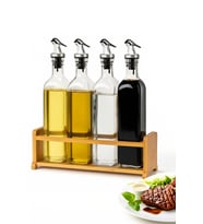 Cam Zeytinyağı ve Sirke Şişesi Seti Doğa Ahşap Tutucu 250ml Sızdırmaz Kapaklı Sos Yağdanlık Set Standlı 4'lü Set