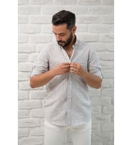 Slimfit Fit Yaka Düğmeli Çizgili Yazlık Gofre Kumaş Erkek Gömlek