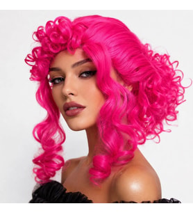 Neon Pembe Bukleli Kıvırcık Cosplay Peruğu - İçi Astarlı