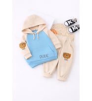 Bebek Çocuk 2'li Kapüşonlu Sweatshirt ve Alt Eşofman Takımı %100 Pamuklu - Mavi