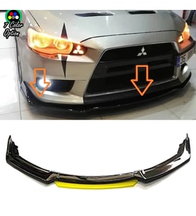 Mitsubishi Lancer Evo Sarı Renkli Şeritli Dilli Ön Lip 4 Prç Parlak Siyah ABS