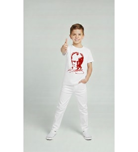 Erkek Çocuk ATATÜRK Baskılı T-Shirt Ve Beyaz Keten Pantolon Takım 23Nisan Ve özel Günler