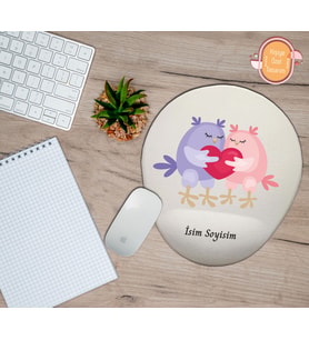 Kişiye Özel Aşık Kuşlar Kalp Sevgili Temalı Mouse Pad Bilek Destekli