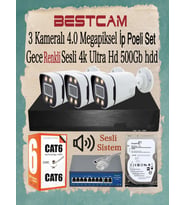 BESTCAM 3 Kameralı 4 Mega Piksel İP Poeli Set Gece Renkli Sesli 4K Ultra HD 500 GB HDD