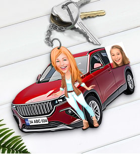 BK Gift Kişiye Özel Kadın Togg Figürlü Plakalı Ahşap Karikatür Anahtarlık-1, Arkadaşa Hediye, Araba Hediyesi, Sevgiliye Hediye