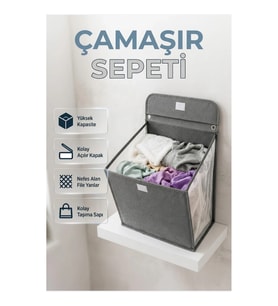 Duvara Monte Katlanabilir Kirli Çamaşır Sepeti Kapaklı Pratik Çamaşır Saklama Kutusu