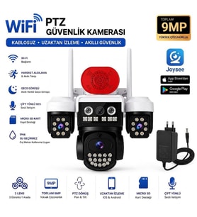 9 MP Wi-Fi PTZ 3 Lensli Dış Mekan Akıllı Güvenlik Kamerası (Çakar Flaşörlü + 12V Adaptör Dahil) WİFİ_BS_W3