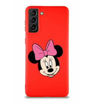 Samsung Galaxy S21 Plus Soft Premier Kapak Minnie Mouse-C Tasarımlı Silikon Kılıf - Kırmızı (Şeffaf)
