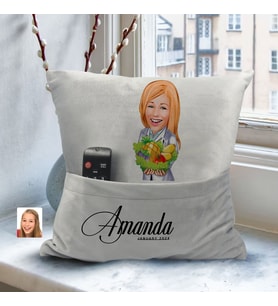 BK Gift Kişiye Özel Kadın Diyetisyen Karikatür Tasarımlı Organizer Kumanda ve Atıştırmalık Cepli Gri Kırlent Yastık- 1 Arkadaşa Hediye, Cepli Yastık