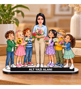 Kişiye Özel Kadın Okul Öncesi Öğretmen Karikatürlü 18 cm MDF Masaüstü Biblo - Öğretmen Hediyesi Öğretmene Özel Hediye