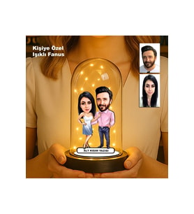 Kişiye Özel Çift Karikatür Fanus  Sevgili ve Evlilere Özel Işıklı Biblo