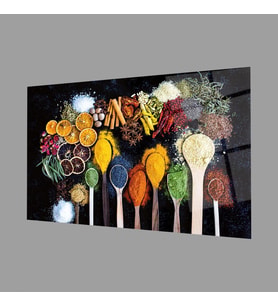 Kaşıklarda Baharatlar Cam Tablo 4mm Dayanıklı Temperli Cam, Fruits on Spoon Glass Wall Decor