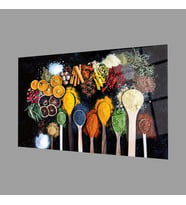 Kaşıklarda Baharatlar Cam Tablo 4mm Dayanıklı Temperli Cam, Fruits on Spoon Glass Wall Decor