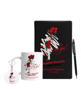 Sevgililer Gününe Özel Ahşap Defter Kalem Kupa & Süblimasyon Anahtarlık Hediye Seti 18