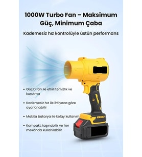 21V Kablosuz Hava Üfleyici 32.000RPM Turbo Fan, 12.000mAh Batarya, Bahçe &amp;amp; Araç Kurutma / Sarı (5668)
