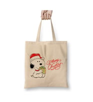 Yılbaşı Yeni Yıl Konseptli Snoopy Merry Christmas Beyaz Bez Çanta Uzun Saplı Alışveriş Çantası