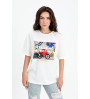 T-shirt Bisiklet Yaka Desenli Kabartma Yazılı - Ekru