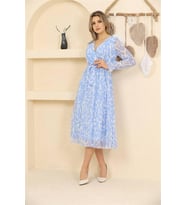 Neşeli butik kadın mavi desenli şifon elbise RSSN32