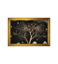 Ağaç ve Kuşlar Soyut Motifli Kanvas Tablo 80 x 110 cm Gold Çerçeve