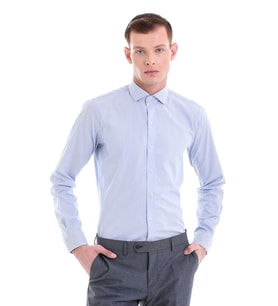 Hatemoğlu Mavi Comfort Fit Desenli %100 Pamuklu İtalyan Yaka Uzun Kollu Spor Gömlek