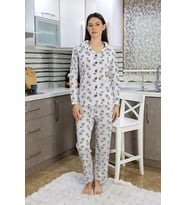 Kadın Pamuk Penye Önden Düğmeli Uzun Kol Pijama Takım Gri